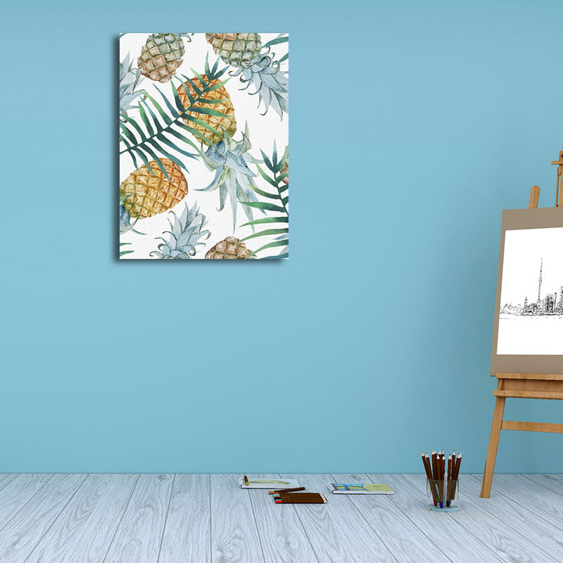 Avtoit | Yellow Pineapple Print Wall Decor Textured Tropical Dining Room Canvas Wall Art
