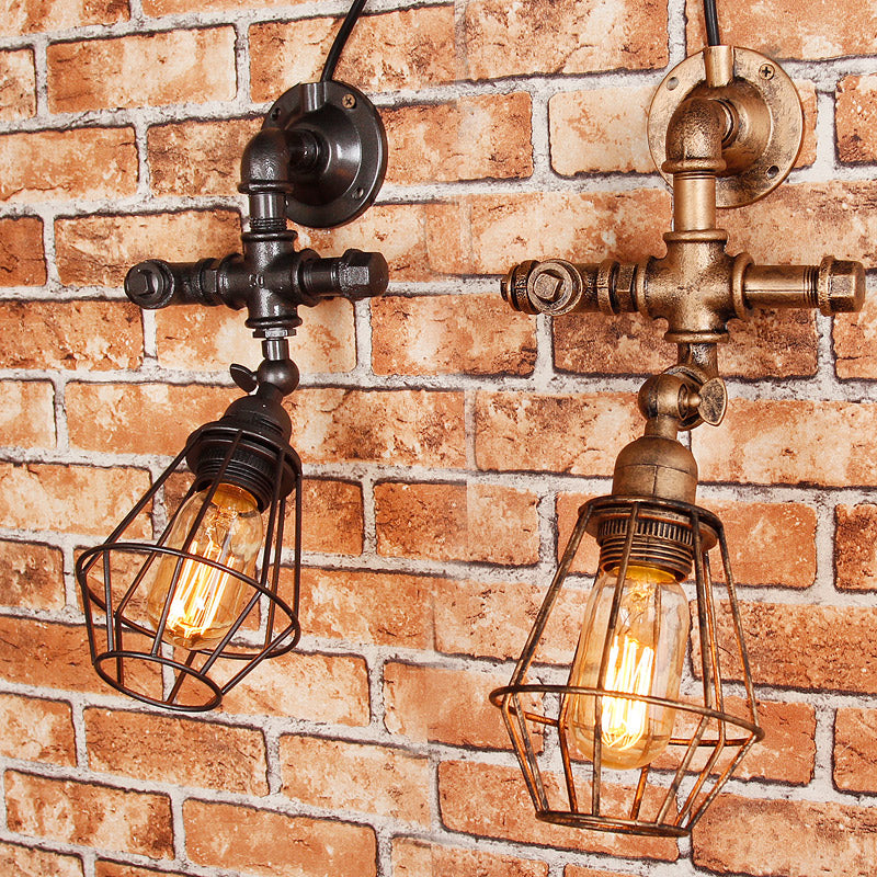 Avtoit | Diamond Cage Iron Wall Mount Light with Pipe Design Industrial Style 1 Bulb Bedroom Wall Lighting in Antique Brass/Silver