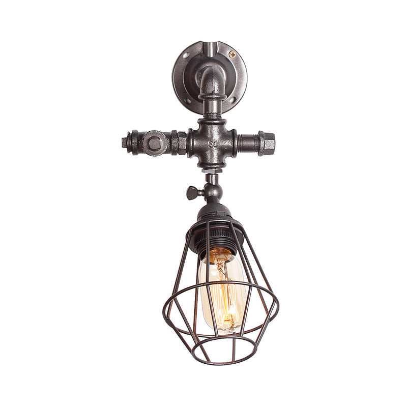 Avtoit | Diamond Cage Iron Wall Mount Light with Pipe Design Industrial Style 1 Bulb Bedroom Wall Lighting in Antique Brass/Silver
