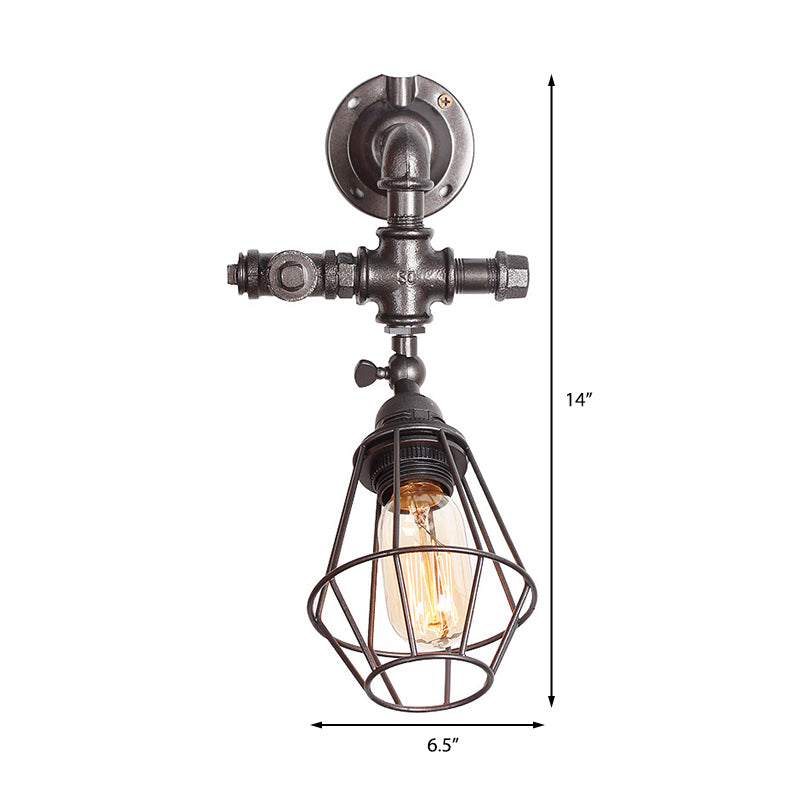 Avtoit | Diamond Cage Iron Wall Mount Light with Pipe Design Industrial Style 1 Bulb Bedroom Wall Lighting in Antique Brass/Silver