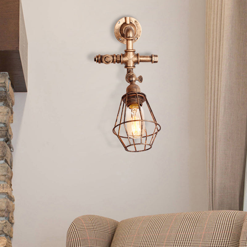 Avtoit | Diamond Cage Iron Wall Mount Light with Pipe Design Industrial Style 1 Bulb Bedroom Wall Lighting in Antique Brass/Silver
