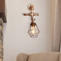 Avtoit | Diamond Cage Iron Wall Mount Light with Pipe Design Industrial Style 1 Bulb Bedroom Wall Lighting in Antique Brass/Silver
