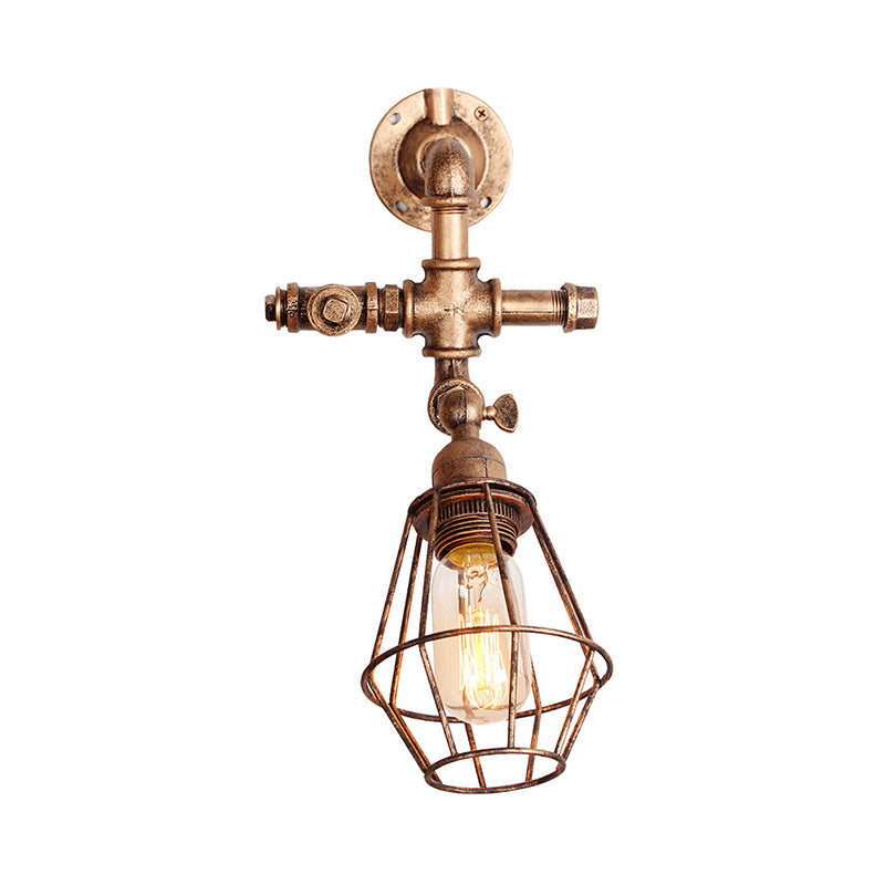 Avtoit | Diamond Cage Iron Wall Mount Light with Pipe Design Industrial Style 1 Bulb Bedroom Wall Lighting in Antique Brass/Silver