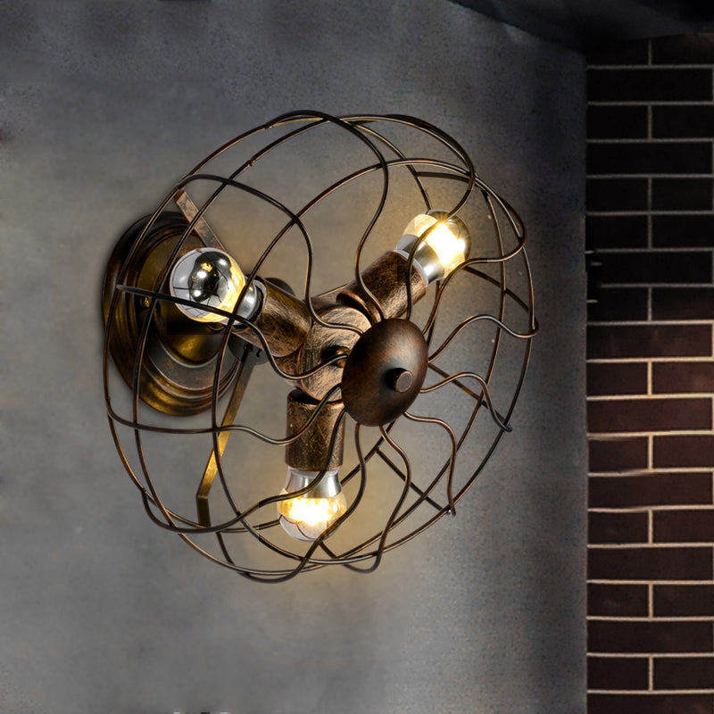 Avtoit | Weathered Copper Wall Lamp with Cage Shade Antique Style Wrought Iron 3 Lights Indoor Wall Lighting