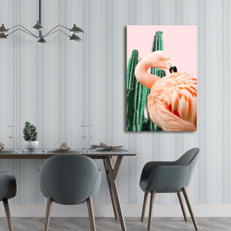 Avtoit | Pink Tropical Canvas Print Flamingo and Cactus Wall Art Decor for Home Interiors
