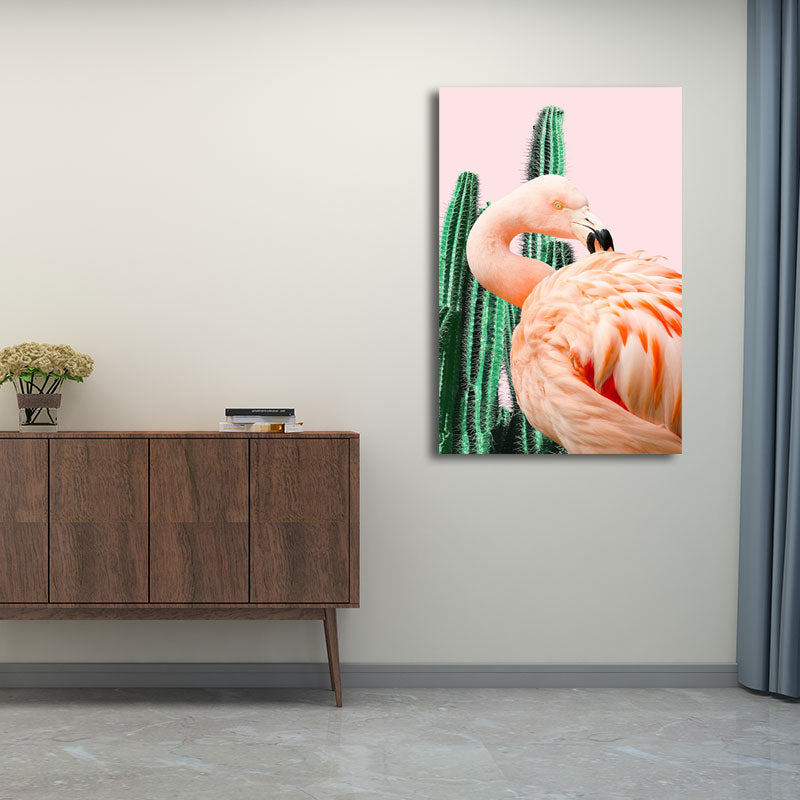Avtoit | Pink Tropical Canvas Print Flamingo and Cactus Wall Art Decor for Home Interiors