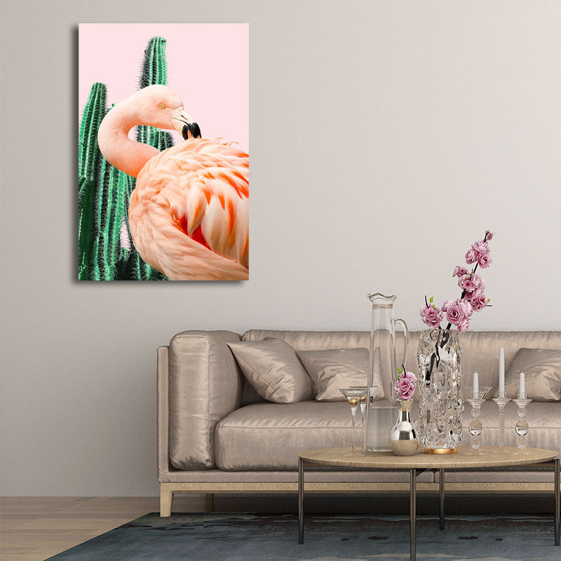 Avtoit | Pink Tropical Canvas Print Flamingo and Cactus Wall Art Decor for Home Interiors