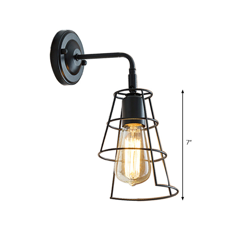 Avtoit | Vintage Style Conic Cage Wall Lamp with Curved Arm 1 Light Metal Wall Lamp in Black/White