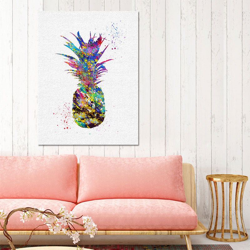 Avtoit | Tropical Pineapple Watercolor Canvas Blue Textured Wall Art Print for Living Room