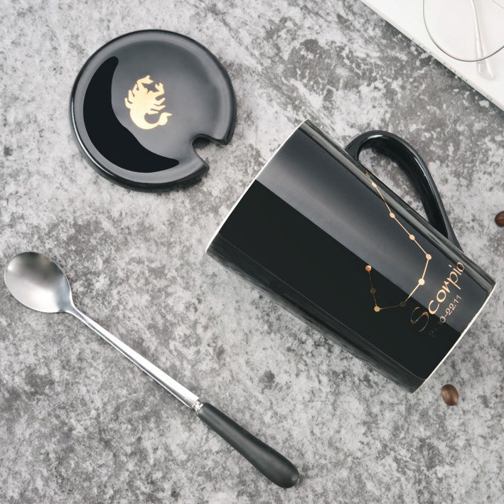 Avtoit | 12 Zodiac Signs Black Ceramic Mug with Lid Spoon