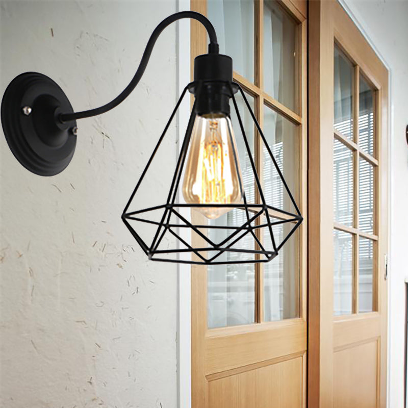 Avtoit | Black 1 Light Wall Lamp Retro Style Metal Diamond/Star Wall Light with Cage Shade for Café