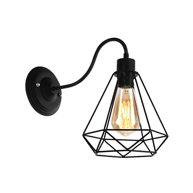 Avtoit | Black 1 Light Wall Lamp Retro Style Metal Diamond/Star Wall Light with Cage Shade for Café