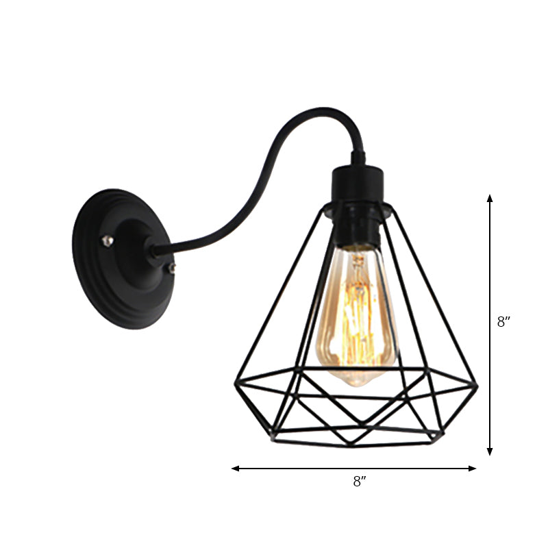 Avtoit | Black 1 Light Wall Lamp Retro Style Metal Diamond/Star Wall Light with Cage Shade for Café