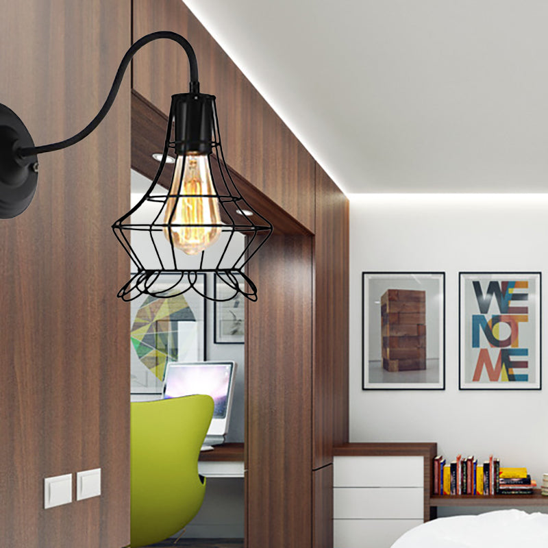 Avtoit | Black 1 Light Wall Lamp Retro Style Metal Diamond/Star Wall Light with Cage Shade for Café