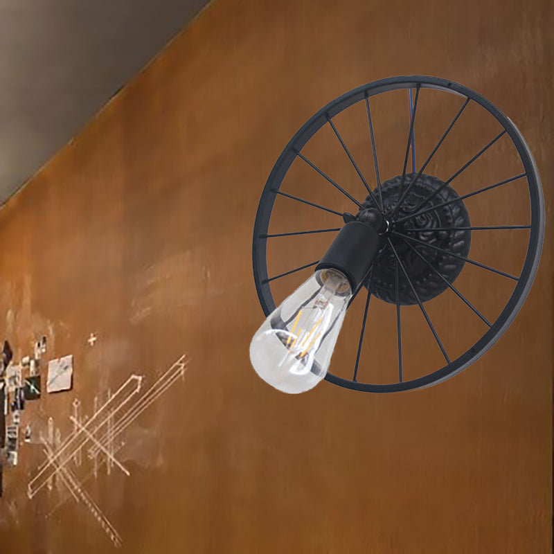 Avtoit | Black/Bronze Wheel Design Wall Sconce Lamp with Open Bulb Farmhouse Style Metal 1 Light Restaurant Sconce Light