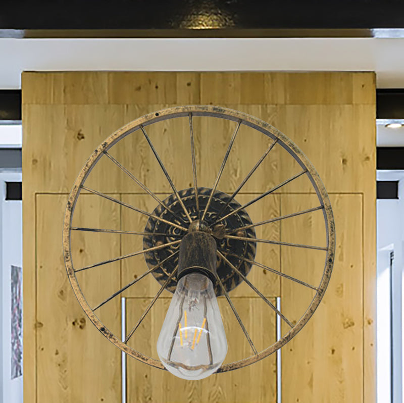 Avtoit | Black/Bronze Wheel Design Wall Sconce Lamp with Open Bulb Farmhouse Style Metal 1 Light Restaurant Sconce Light