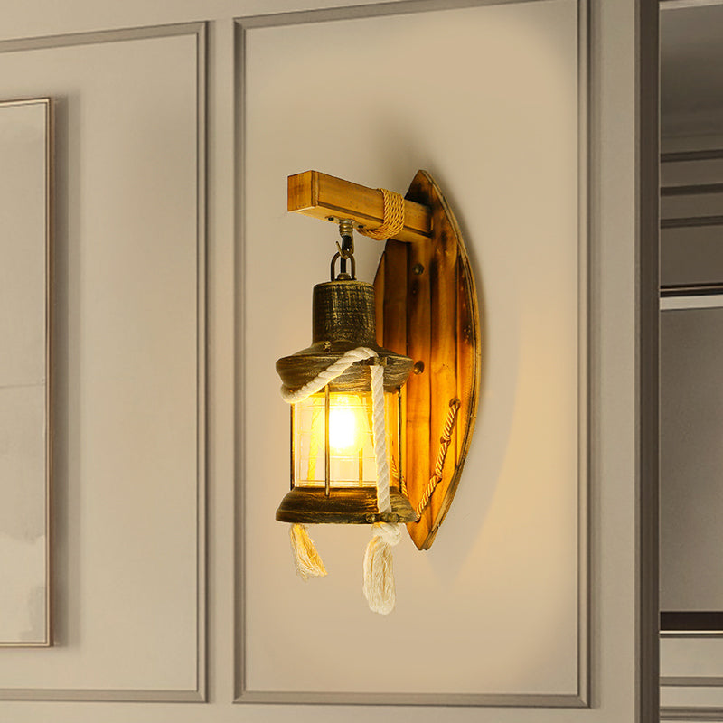 Avtoit | Single Bulb Wall Light Sconce Rustic Style Lantern Clear Glass Wall Mounted Lamp in Antique Bronze