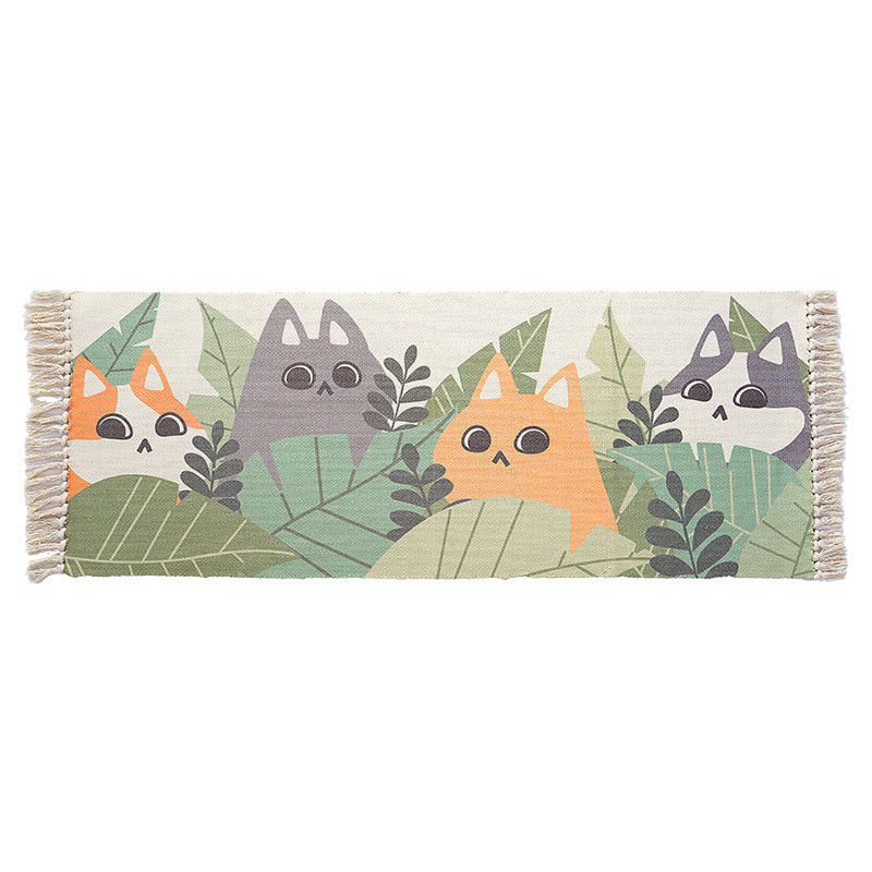 Avtoit | Green and ivory children's rug Kids Animal Cat Fish Pattern Area Rug Cotton Pet-friendly Carpet with Fringe