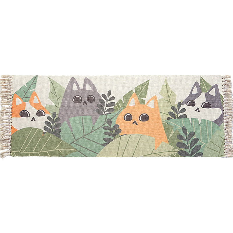 Avtoit | Green and ivory children's rug Kids Animal Cat Fish Pattern Area Rug Cotton Pet-friendly Carpet with Fringe
