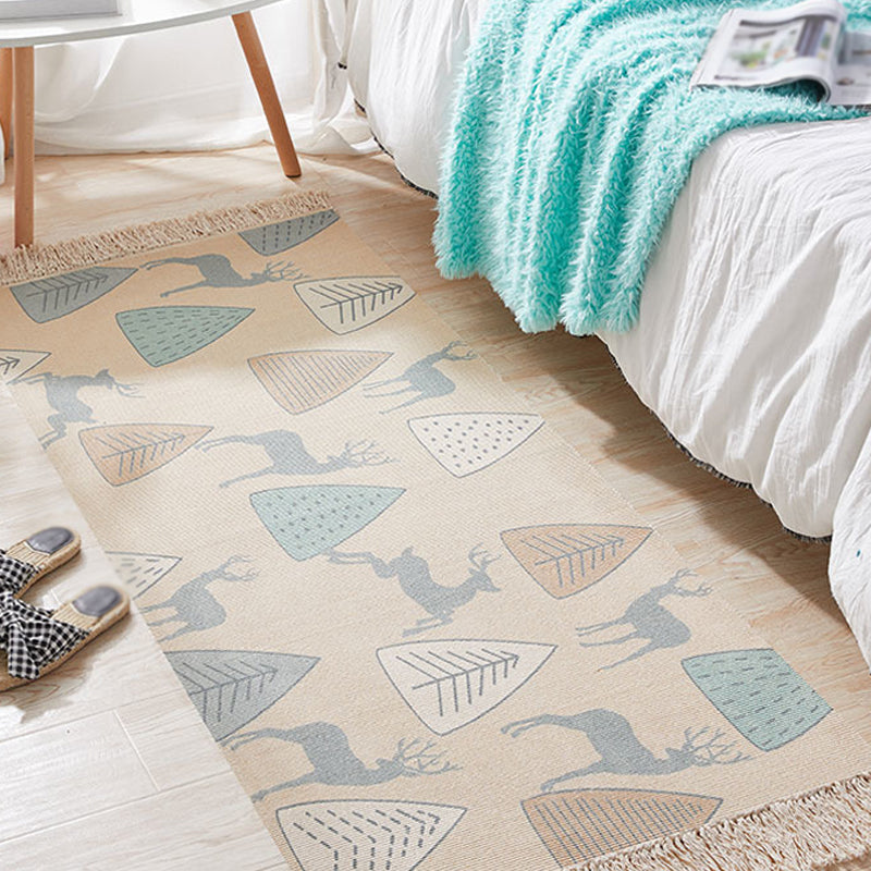 Avtoit | Unique Kids Rug in Ivory Animal Deer Tree Pattern Rug Cotton and Linen Washable Fringe Carpet for Children's Room