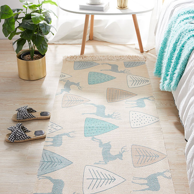 Avtoit | Unique Kids Rug in Ivory Animal Deer Tree Pattern Rug Cotton and Linen Washable Fringe Carpet for Children's Room