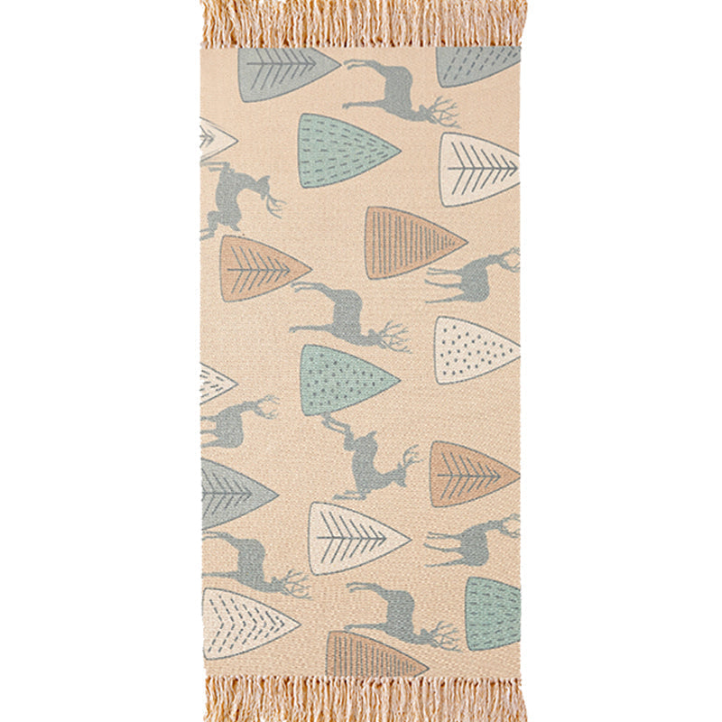 Avtoit | Unique Kids Rug in Ivory Animal Deer Tree Pattern Rug Cotton and Linen Washable Fringe Carpet for Children's Room