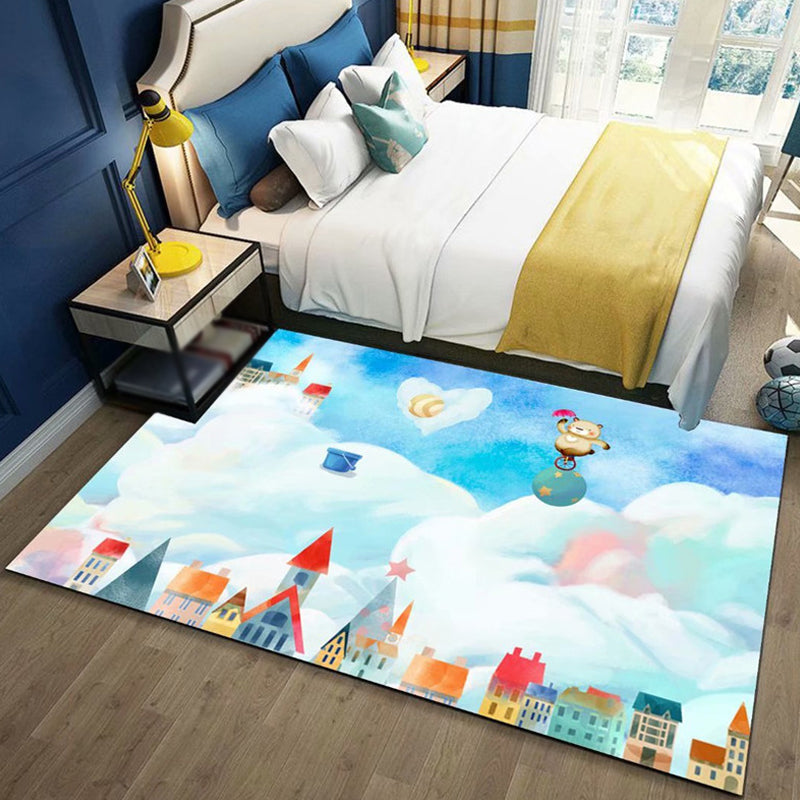 Avtoit | Beautiful Children's Rug in Blue and Pink with Fairy Tale Castle Balloon Pattern Rug Polyester Washable Rug for the Children's Room