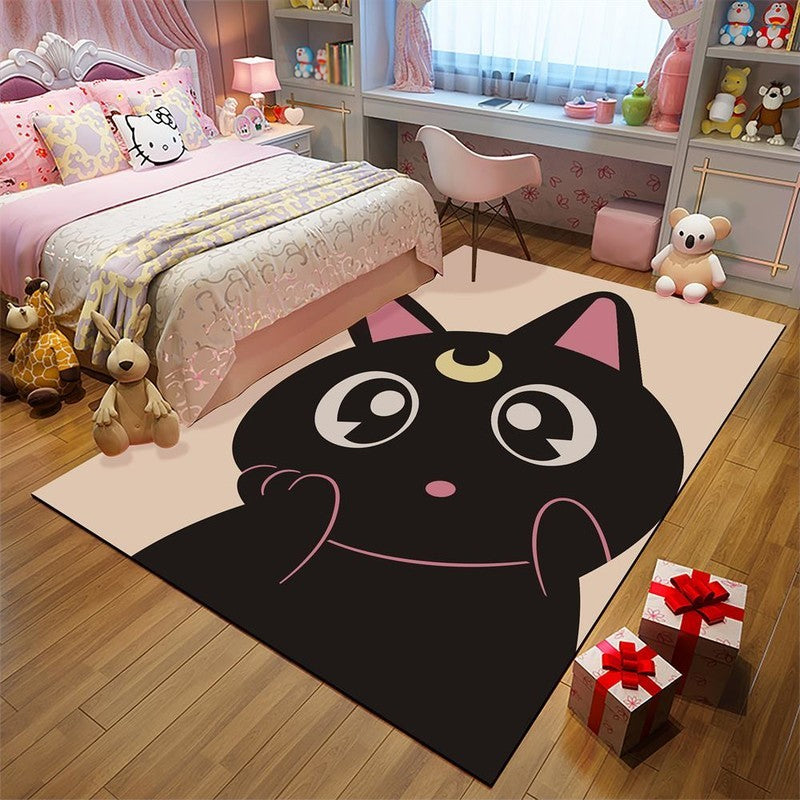 Avtoit | Kids' Room Rug in Black and Pink with Animal Motif - Chicken, Unicorn, Pig - Polyester Non-Slip Rug