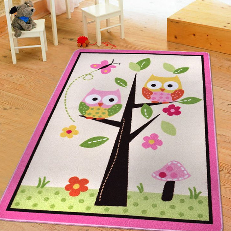 Avtoit | Children Children's Room Rug in Pink and Green Animal Owl Flower Tree Print Rug Polyester Stain Resistant Area Rug