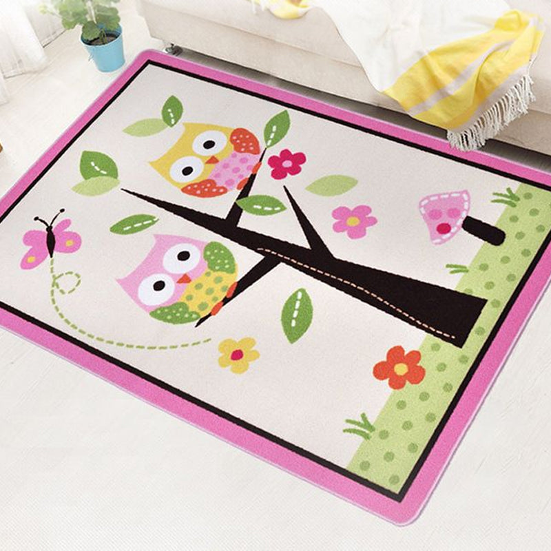 Avtoit | Children Children's Room Rug in Pink and Green Animal Owl Flower Tree Print Rug Polyester Stain Resistant Area Rug