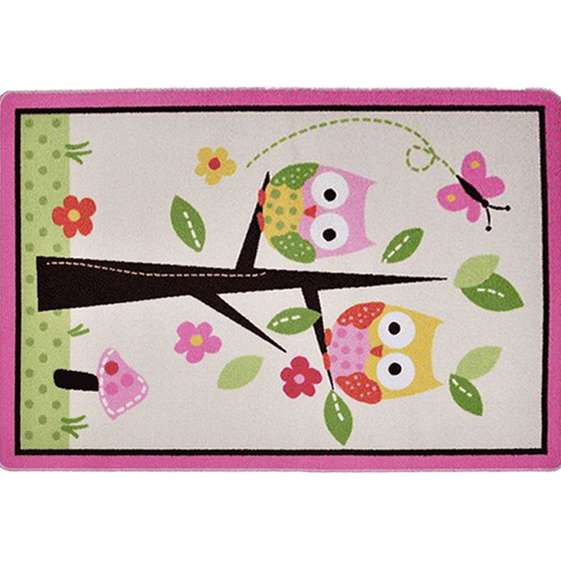 Avtoit | Children Children's Room Rug in Pink and Green Animal Owl Flower Tree Print Rug Polyester Stain Resistant Area Rug