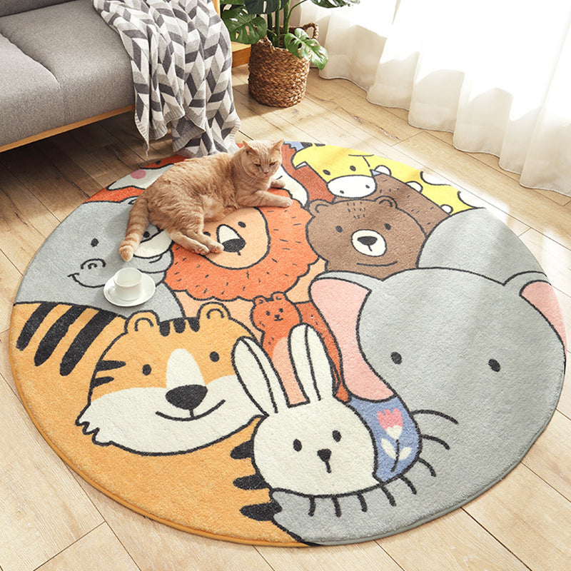 Avtoit | Stylish children's rug in green and brown with animal cat, leopard, and rabbit pattern, washable wool rug for the children's room