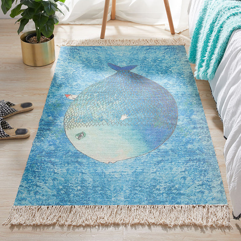 Avtoit | Blue Children's Room Carpet Children's Animal Fish Pattern Carpet made of Cotton and Linen Washable Carpet with Fringes