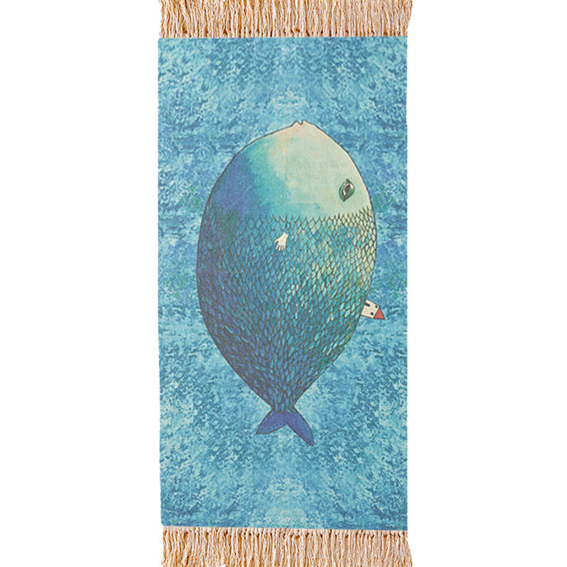 Avtoit | Blue Children's Room Carpet Children's Animal Fish Pattern Carpet made of Cotton and Linen Washable Carpet with Fringes