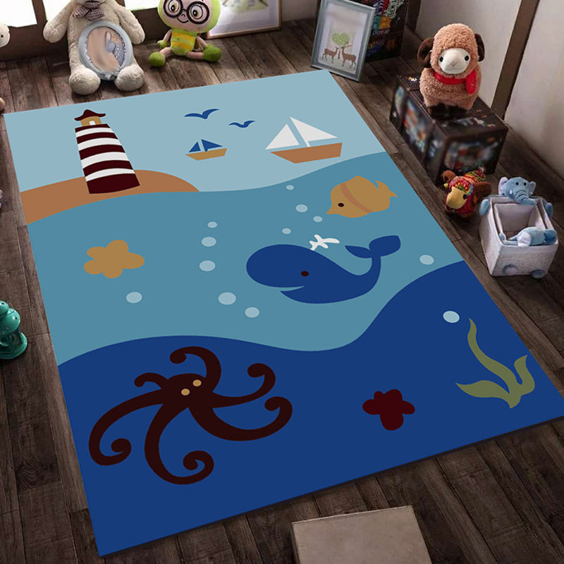 Avtoit | Blue and Black Children's Carpet Fairy Tale Whale Ocean Pencil Pattern Carpet Polyester Washable Carpet