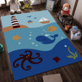 Avtoit | Blue and Black Children's Carpet Fairy Tale Whale Ocean Pencil Pattern Carpet Polyester Washable Carpet