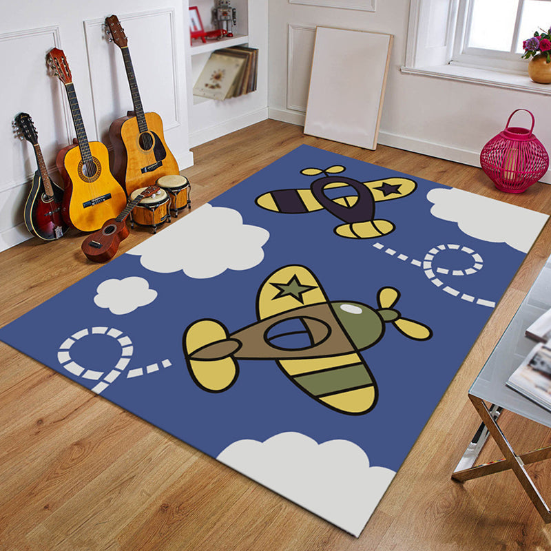 Avtoit | Blue Children's Room Carpet Coastal Anchor Rowing Pattern Carpet Polyester Non-Slip Back Carpet