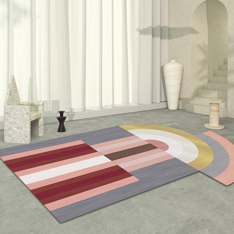 Red and Gray Polyester Area Rug with Non-Slip Backing
