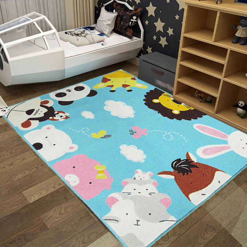 Avtoit | Cute Kids Rug in Green and Blue Animals Lion Panda Penguin Pattern Rug Polyester Non-Slip Carpet for Children's Room