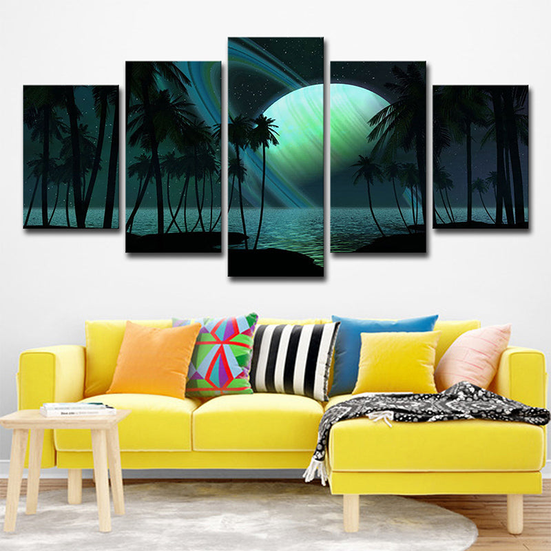 Avtoit | Tropics Night Zeeland Landscape Canvas Green Ring Planet Wall Art Print for Family Room