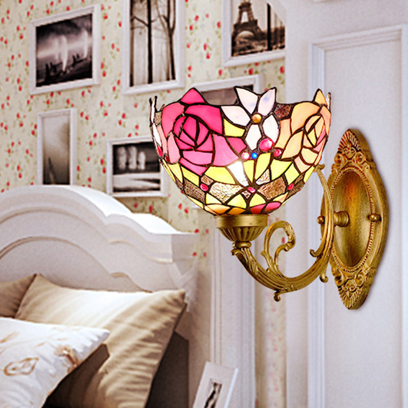 Avtoit | Gold 1 Head Wall Lighting Ideas Victorian Engraved Glass Bowl Shade Wall Mount Lighting Fixture with Petal Pattern