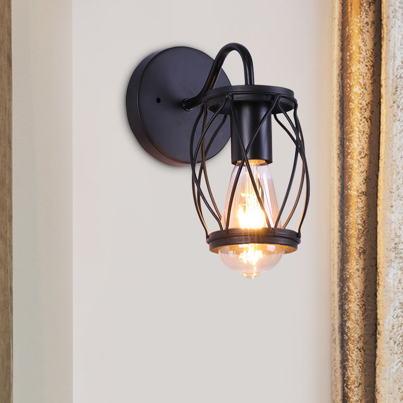 Avtoit | Waist Drum Frame Restaurant Wall Lamp Vintage Metallic 1 Light Black Wall Mounting Lighting Fixture