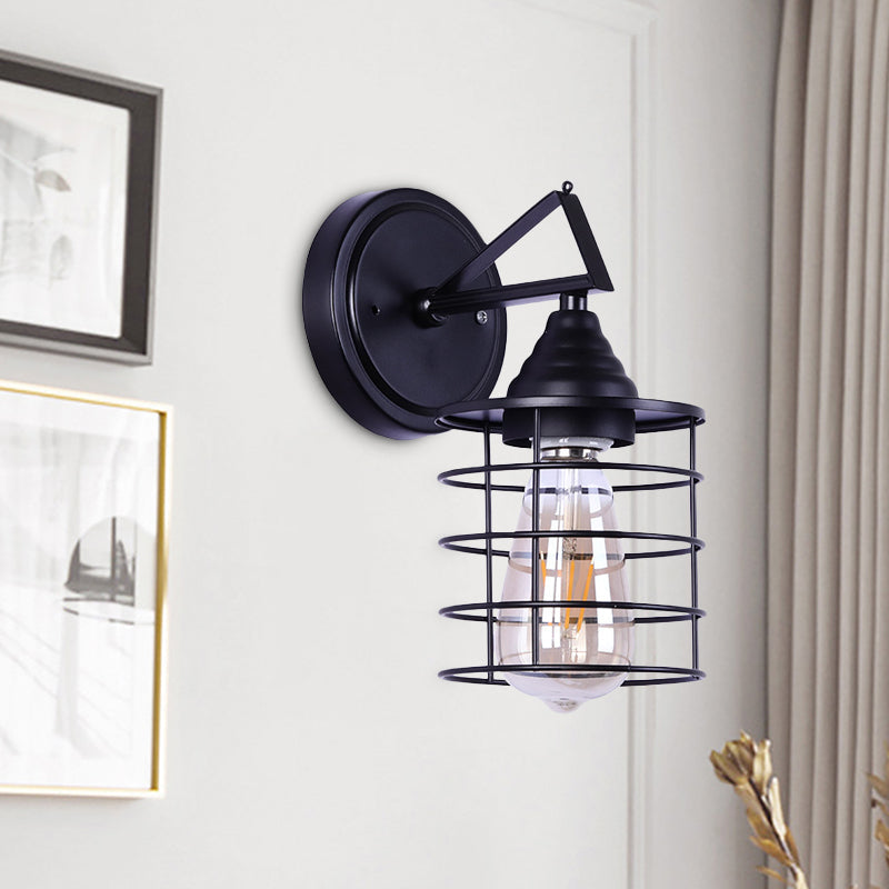 Avtoit | Metal Cylindrical Frame Wall Lamp Farm 1 Bulb Dining Room Wall Mounted Light in Black