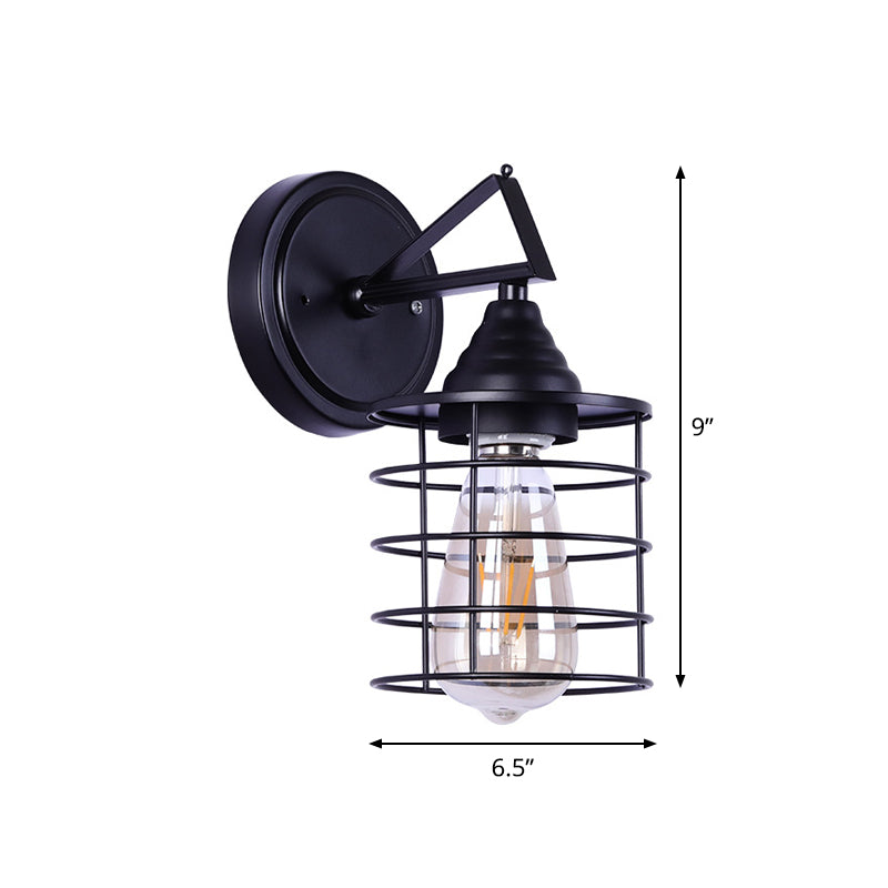 Avtoit | Metal Cylindrical Frame Wall Lamp Farm 1 Bulb Dining Room Wall Mounted Light in Black