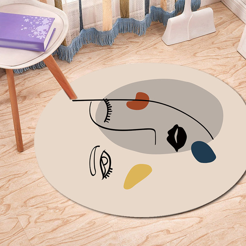 Avtoit | Ivory Irregular Bedroom Rug Novelty Abstract Face Pattern Area Rug Polyester Anti-Slip Back Rug