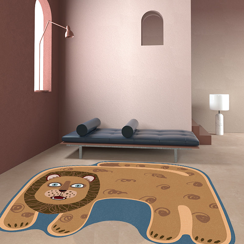 Avtoit | Kids Irregular Bedroom Carpet in Red and Brown Animal Tiger Lion Leopard Print Carpet Polyester Non-Slip Base Carpet