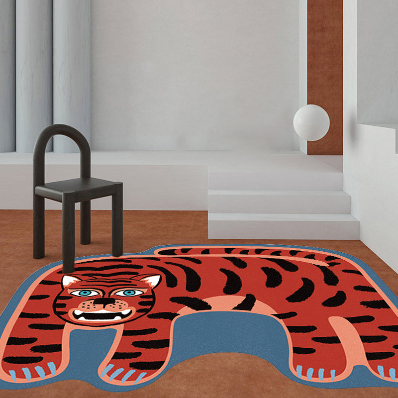 Avtoit | Kids Irregular Bedroom Carpet in Red and Brown Animal Tiger Lion Leopard Print Carpet Polyester Non-Slip Base Carpet