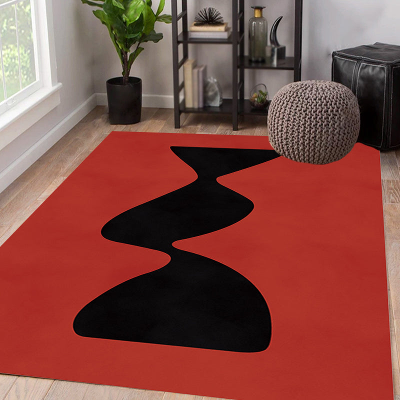 Avtoit | Black and Red Abstract Area Rug Polyester Modern Rug Washable Pet Friendly Carpet for Living Room