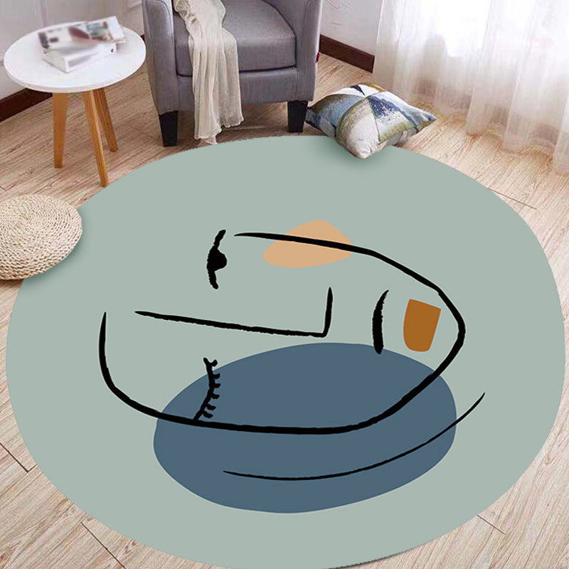 Avtoit | Novelty Living Room Irregular Rug in Blue Abstract Face Print Rug Polyester Pet-Friendly Area Rug