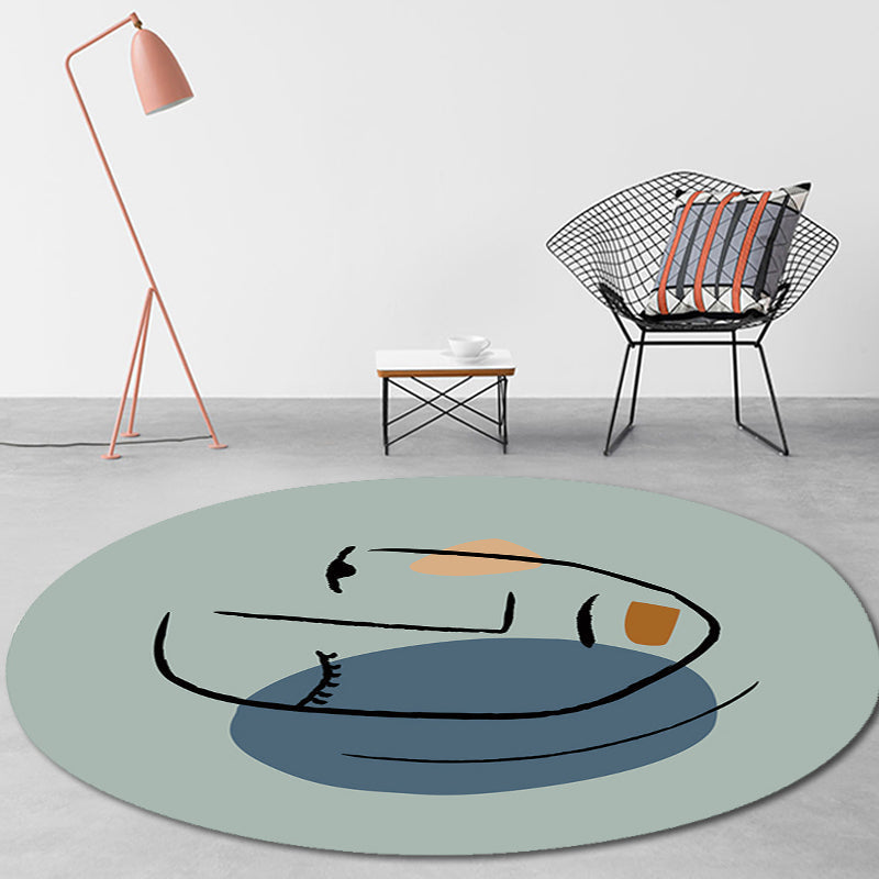 Avtoit | Novelty Living Room Irregular Rug in Blue Abstract Face Print Rug Polyester Pet-Friendly Area Rug